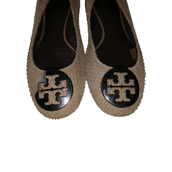 Tory Burch Women's Size 7 Reva Flats Python Print Brown Cream Shoes - Picture 3 of 11
